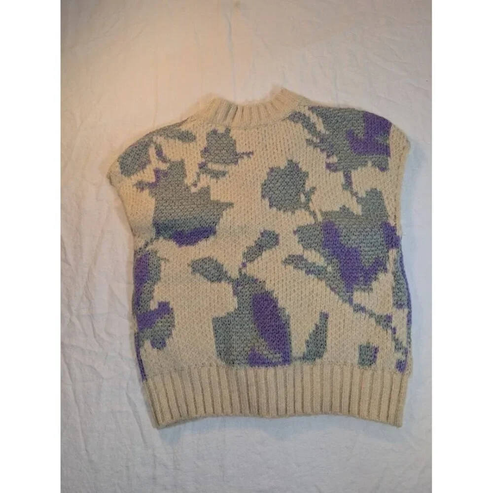 Calirta women's sz small floral v neck sweater vest white purple green pink SW6 - Picture 4 of 6